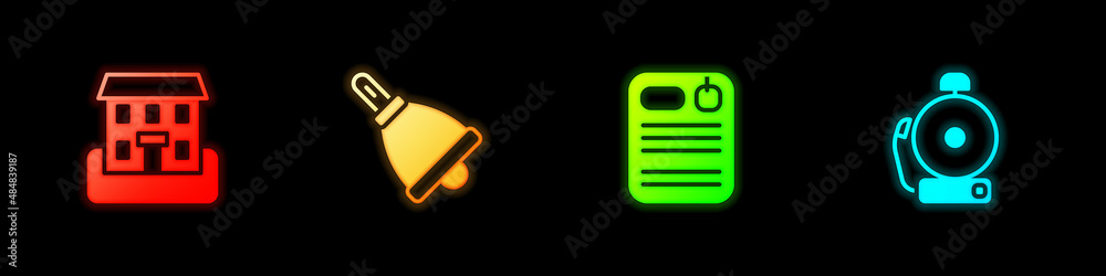 Sticker set school building, ringing bell, dossier folder and alarm icon. vector