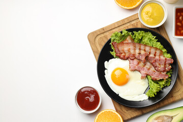 Concept of tasty breakfast on white background