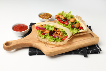 Concept of tasty food with pita with chicken, close up