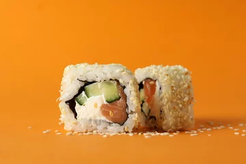 Fotobehang Concept of tasty food with sushi rolls, close up © Atlas