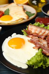 Concept of tasty breakfast, close up and selective focus