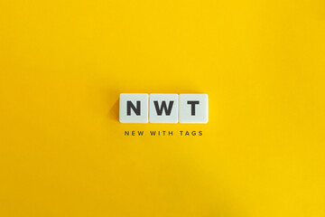 New with Tags (NTW) banner. Letter tiles on bright orange background. Minimal aesthetics.