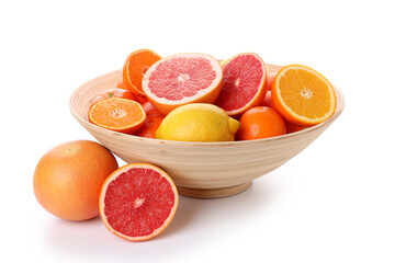 Fototapeta na wymiar Bowl with citrus fruits isolated on white background
