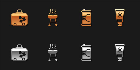 Set Suitcase, Barbecue grill, Soda can and Sunscreen cream in tube icon. Vector