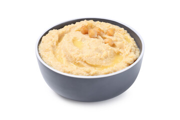 Bowl of hummus isolated on white background