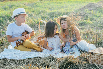 Portrait of joyful boy and two girls sitting on blanket in field, having picnic. Relaxing time. Playing guitar, ukulele, talking, joking. Light sunny day
