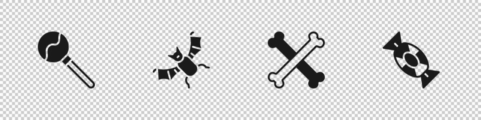 Set Lollipop, Flying bat, Crossed bones and Candy icon. Vector