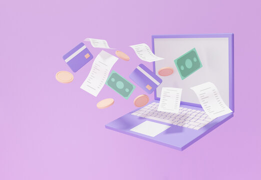 Laptop mockup Money transfer floating on purple background with Online payments concept. business finance, cost, shopping, cartoon minimal, e-commerce, 3d render illustration