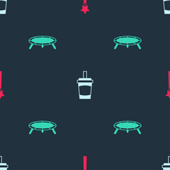 Set Magic wand, Paper glass with water and Jumping trampoline on seamless pattern. Vector