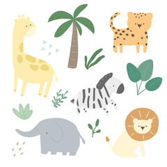 Naklejka premium Hand drawn jungle animal collection. Jungle illustration. Giraffe, lion, elephant, Leopard, Zebra.
