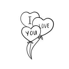 Three doodle ballons with text I love you, holiday clipart. Cute element for greeting cards, posters, stickers and seasonal design.