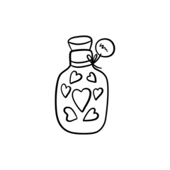 Doodle bottle with hearts and tag for Valentine's day, holiday clipart. Cute element for greeting cards, posters, stickers and seasonal design.