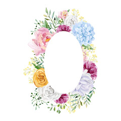 Watercolor  circle floral frame wedding illustration. Hand drawn yellow rose purple iris, violet wildflowers green leaves branches foliage for greetings, fashion, background.
