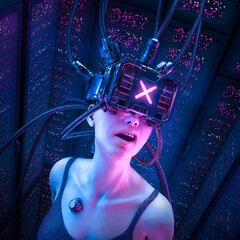 Cyberpunk hacker girl - 3D illustration of science fiction shocked female character wearing futuristic virtual reality glasses inside server farm