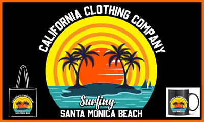 Surfing Santa Monica Beach illustration and colorful design. Surfing Santa Monica Beach Vector t-shirt design in the Black background. Graphics for the print products, t-shirt, vintage sports apparel.