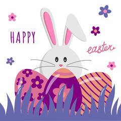 Fototapeta premium Happy Easter banner. Easter eggs and rabbit on a white background. Vector flat illustration for Easter. EPS10. Modern minimalistic style.