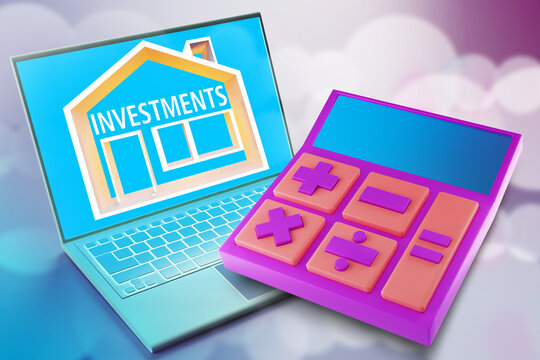 Real estate investment. Investment in buying your own home. Inscription investment next to calculator. Laptop and calculator on abstract background. Investor profitability calculation concept 3d image