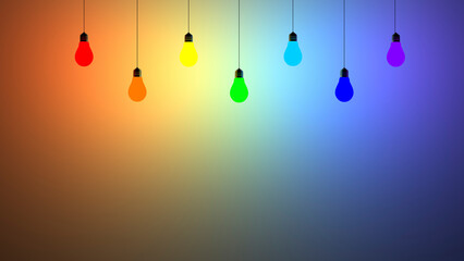 Colorful garland light bulbs on empty rainbow colored background in gradient. Decorative festive evening background.