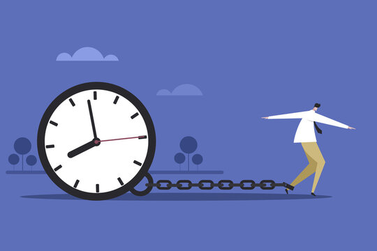 Conceptual illustration of a walking man with his legs tied to a big clock. Time constraint in completing the job
