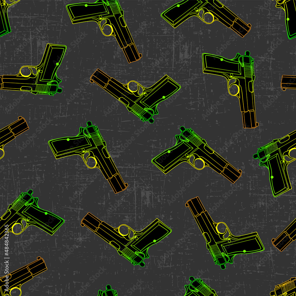 Wall mural black pistols with gradient on gray grunge texture. Seamless pattern for guys