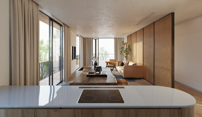 Interior living room modern japanese style with wooden vertical battens background.3D illustration - obrazy, fototapety, plakaty