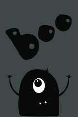 Fototapeta na wymiar Funny cartoon black little monster on a grey background. Illustration for textile, pyjamas, children's clothing. Vector illustration