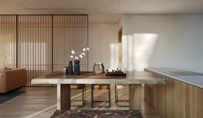 Interior view of modern dining area japanese style.3D illustration