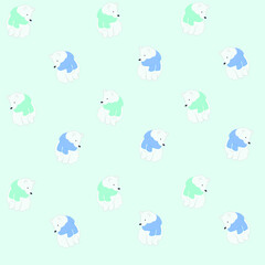 Seamless pattern of polar bears in turquoise and blue scarves on a light blue background. New year. Winter. North pole