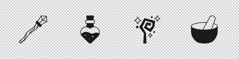 Set Magic staff, Bottle with potion, and Witch cauldron icon. Vector