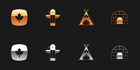 Set Canadian maple leaf, totem pole, Indian teepee or wigwam and Igloo ice house icon. Vector