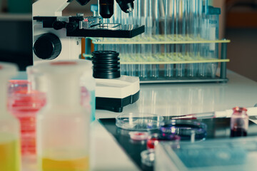 microscope test tubes and petri dishes in a microbiological laboratory