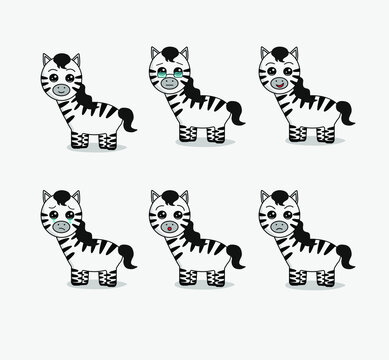 Cartoon flat zebra isolated on a grey background. Set of different emotions. Vector illustration
