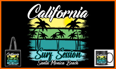 T-shirt California Surfing Paradise vector illustration and colorful design. Print-ready t-shirt for POD and others. California Surfing Paradise t-shirt. Beach vector t-shirt design.