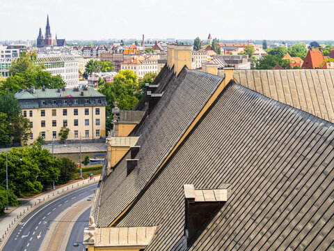 view from above on the roof of University of Wrocław and an old european polish city of Wroclaw