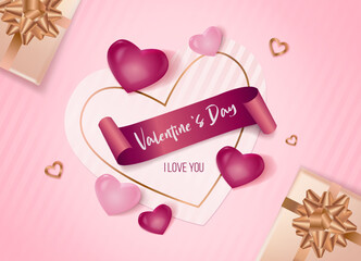 Realistic valentine's day card with glass hearts and gift boxes. 3D objects for design