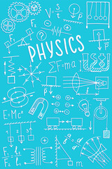 Phisics cover template. Science symbols icon set, subject doodle design. Education and study concept. Back to school sketchy background for notebook, not pad, sketchbook. Hand drawn illustration.