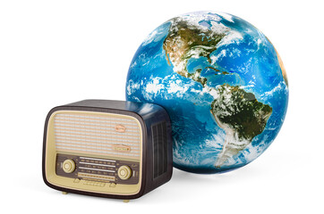 Vintage radio receiver with Earth Globe. World Radio Day, concept. 3D rendering