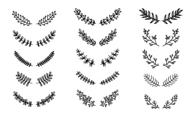 Doodle floral laurel. Hand drawn tree branches with leaves and flowers. Vector illustration
