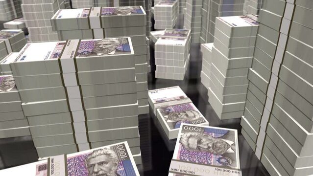 Croatia Kuna money notes packs loop. 3D flight over HRK banknotes stacks towers. Loopable seamless abstract background concept of business, economy crisis and finance.