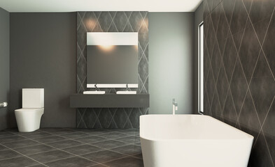 Fototapeta na wymiar Freestanding bath with towels in grey modern bathroom. 3D rendering.