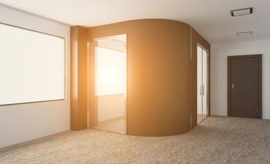 Open space office interior with like conference room. Mockup. 3D rendering.. Sunset.