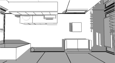 Abstract 3d illustration of a container building house. Living room and kitchen area. Close up plan perspective with shadows. New trend in construction: Steel container house. 