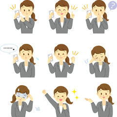 イラスト素材：スーツを着た若い女性のセット（喜怒哀楽の表情/携帯を持つ姿）
