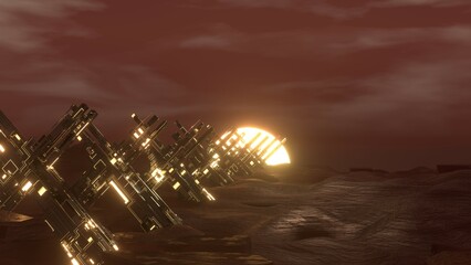 3D Render. Abstract Sci Fi Alien Terrain Background with Sunset. Cyberpunk, Cyber world