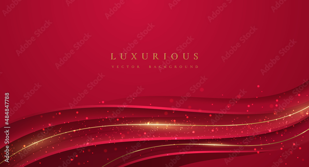 Wall mural abstract red background with golden wave lines and shining dots.