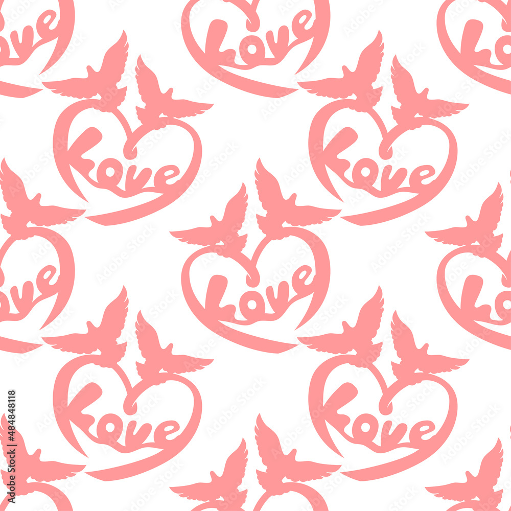 Poster Seamless pattern with love hearts and doves on white background.