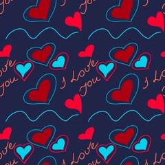 Vector seamless pattern with stylized hearts of doodles and amorous lettering on the blackboard. Romantic background Valentines Day's with text - Love You.