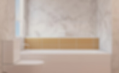 Fototapeta na wymiar Bokeh blurred phototography. Clean and fresh bathroom with natural light. 3D rendering.