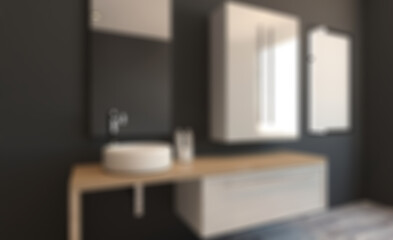 Spacious bathroom in gray tones with heated floors, freestanding. Abstract blur phototography.