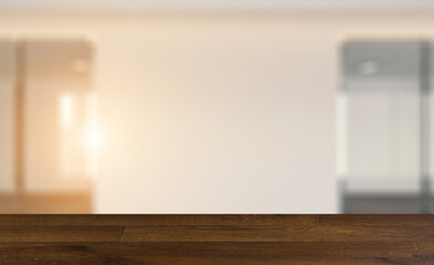 . Sunset. Modern office Cabinet.  3D rendering.   Meeting room. Background with empty table. Flooring.